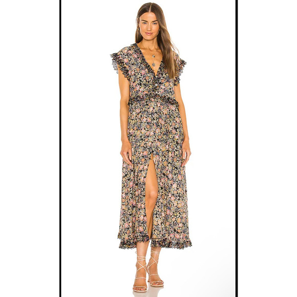 Free People Dresses & Skirts - Free People Milania Cotton Midi Dress Black Combo Floral Print Sz L Boho Cottage